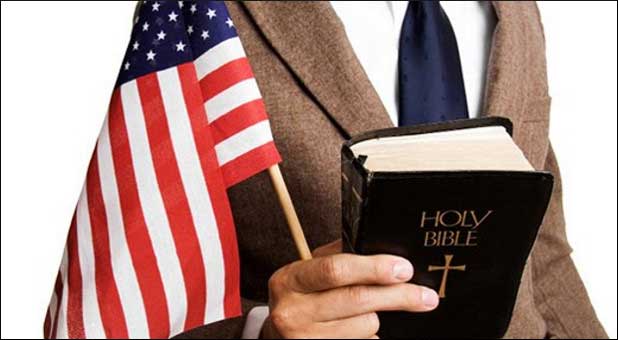 businessman with Bible and flag