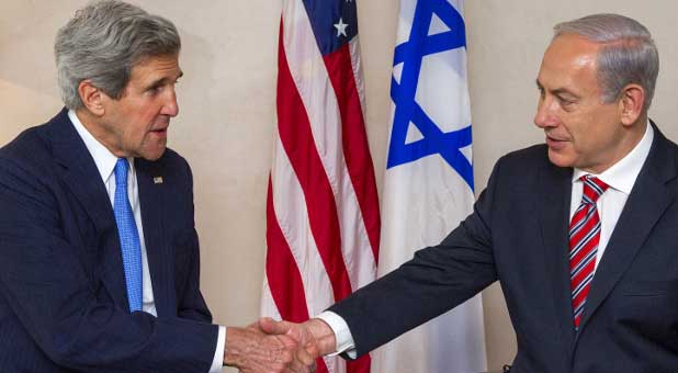 U.S. Secretary of State John Kerry (l) made nine visits to Israel in 2013, speaking to dignatiries such as Israeli Prime Minister Benjamin Netanyahu.