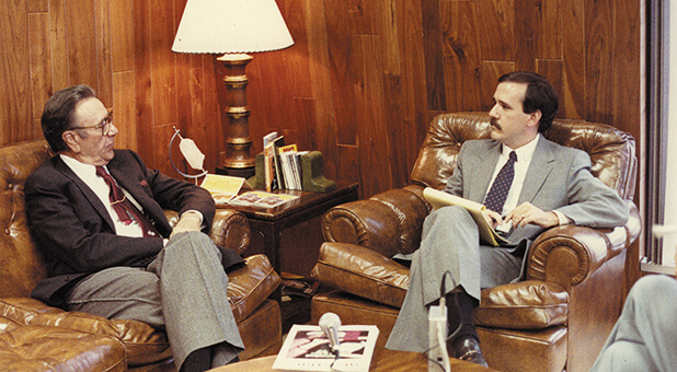 Charisma Founding Editor Steve Strang, right, interviews Oral Roberts